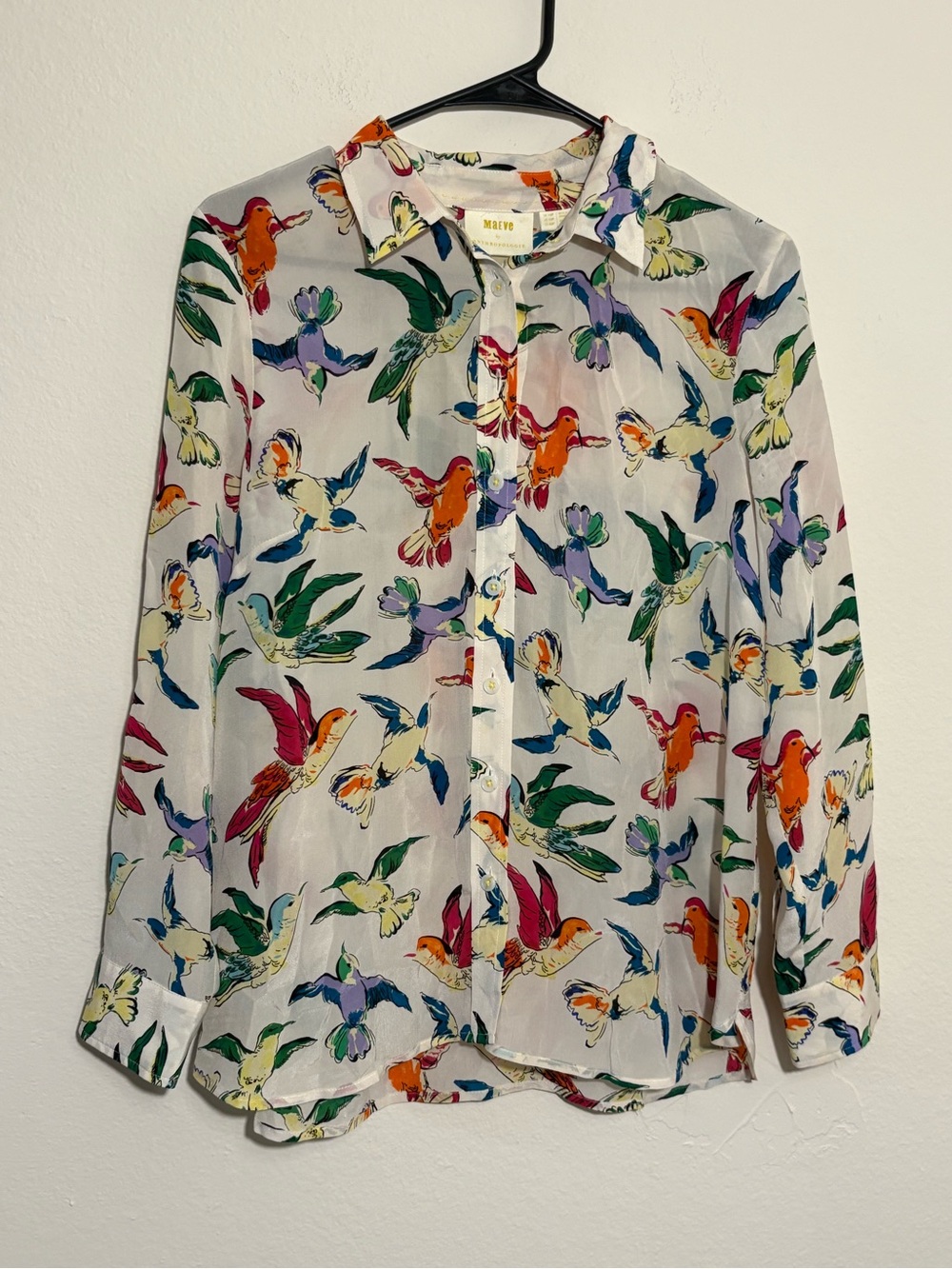 100% Silk Anthropologie White Button-Down Shirt with Hummingbird Print